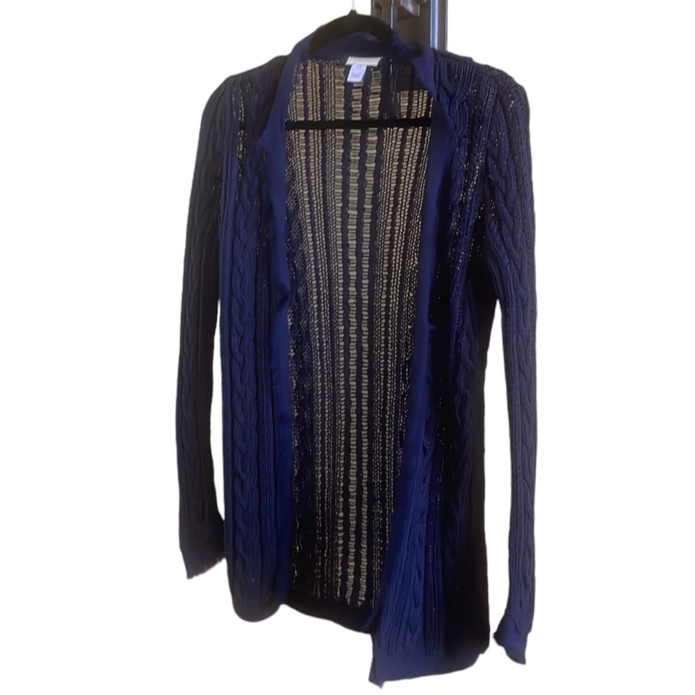 Chico’s Size 0 Navy Blue Raw Hem Knit Cardigan Sweater US Size 4 Size Small